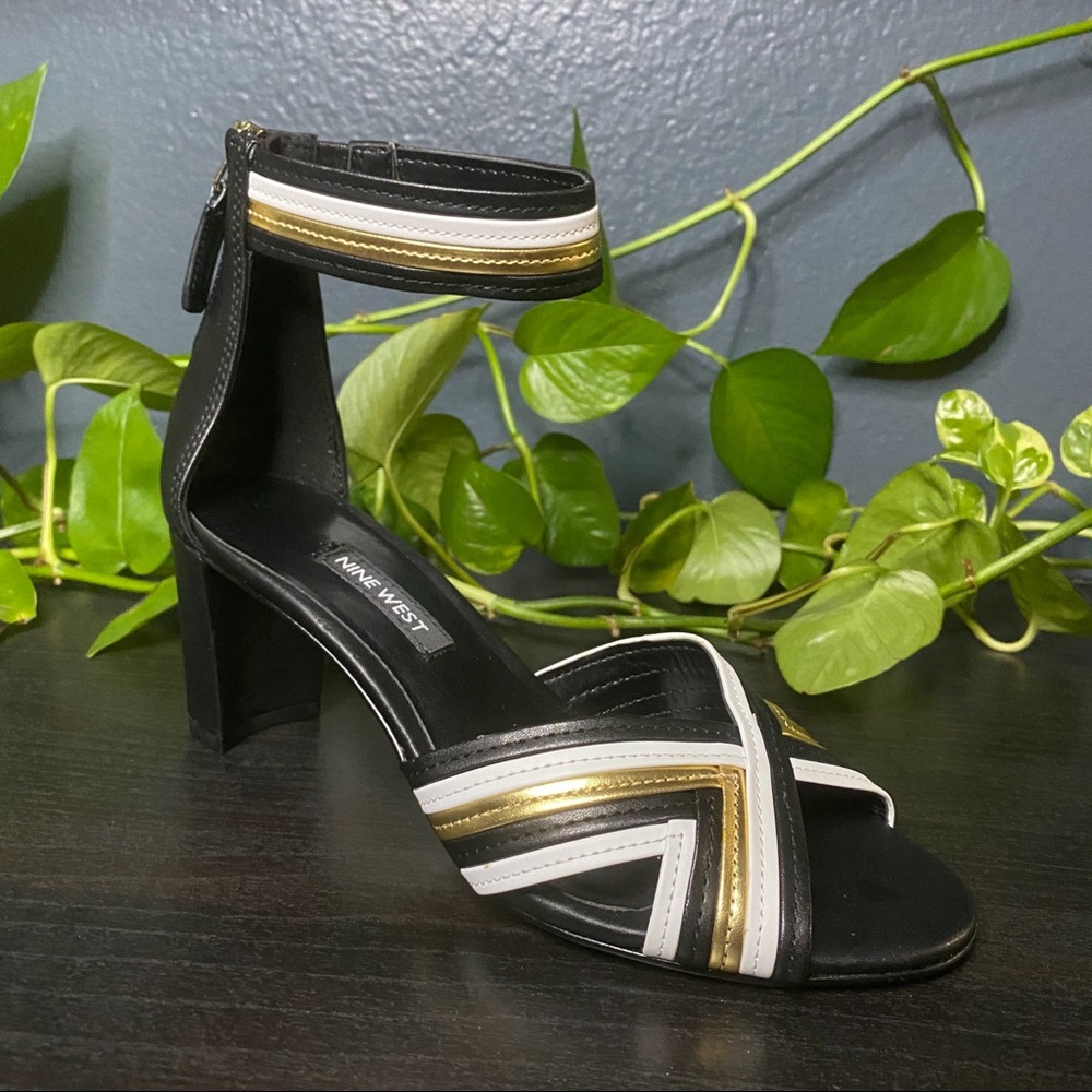 Nine West Ankle Strap Gold & Black Block Heel